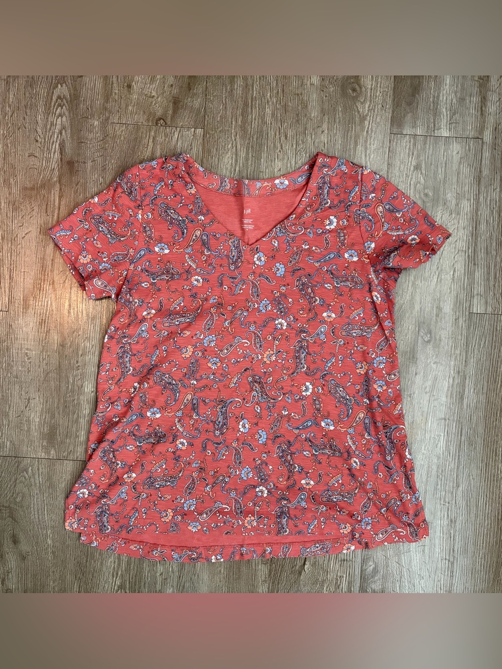J.Jill Pima Slub-Knit V-Neck Tee Rust Paisley Floral Print Medium